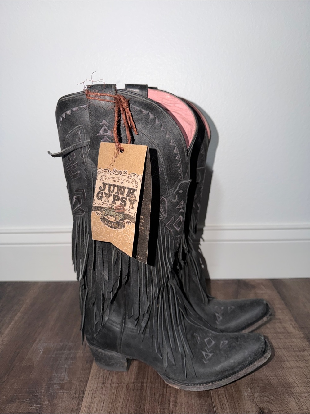 Junk Gypsy Women’s Black Fringe Heeled Boots - Pink Lining